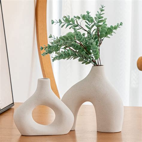White Ceramic Vase Set of 2 for Modern Home Decor, Round Matte Donut Vases for Pampas Grass ...