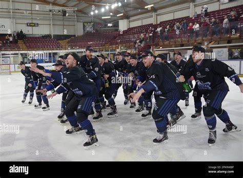 Altrincham, England, 9 April 2023. Solway Sharks ice hockey team, winners of the NIHL Division 1 ...