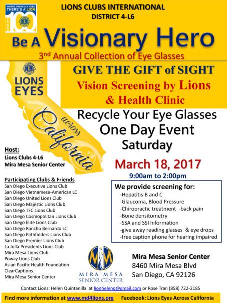 Lions Club presents 3rd Annual Collection of Eye Glasses | Mira Mesa Center