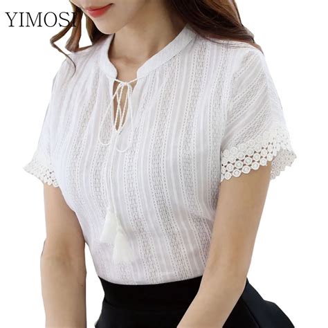 100% Cotton Blouse Shirt 2019 Summer Short Sleeve Women Blouses Lace Tops Casual Hollow Out ...