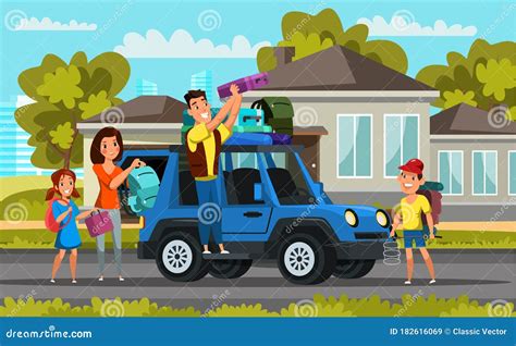 Family on Road Trip Flat Vector Illustration Stock Vector - Illustration of comic, flat: 182616069