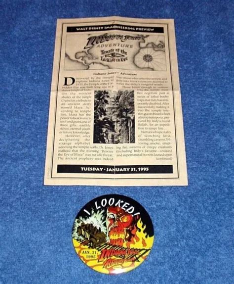 1995 IMAGINEERING DISNEYLAND Indiana Jones Adventure Preview Button & Brochure $49.95 - PicClick