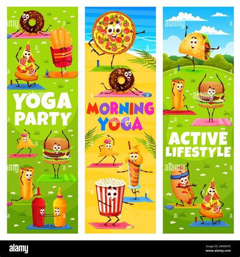 Yoga fitness banners, cartoon fast food characters and personages. Vector vertical cards for ...