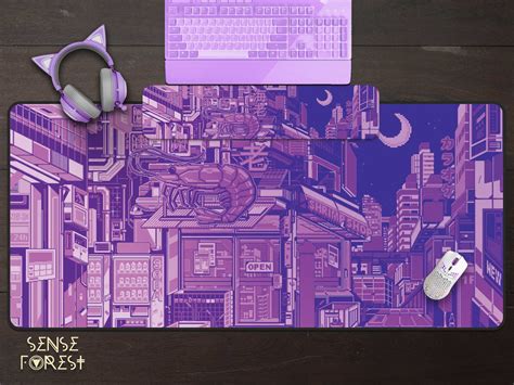 Sewn Edges Japanese desk mat, Anime Gaming Mouse pad, Neon Pink city Vtuber Kawaii Purple desk ...