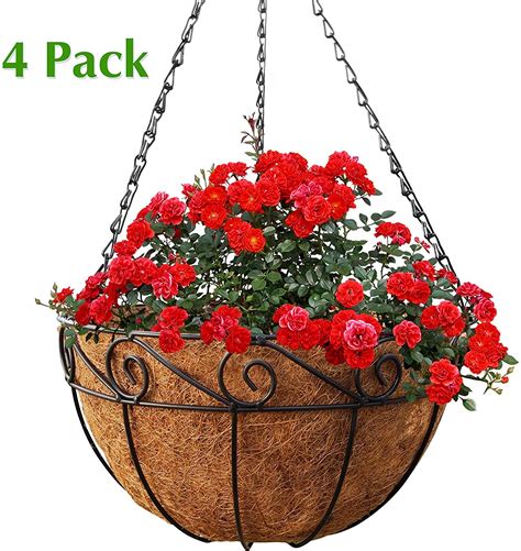 Metal Hanging Planter Basket with Coco Liner, 4 Pack, 14 in Diameter, Hanging Flower Pot, Round ...