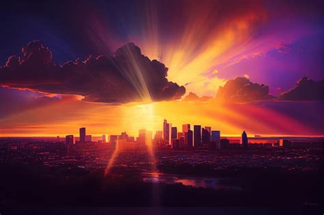 Premium Photo | City skyline at sunset with rays of light and colorful ...