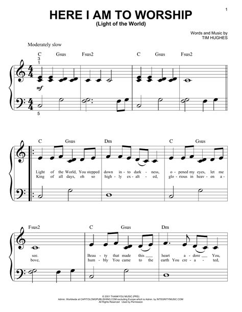 Here I Am To Worship by Tim Hughes Sheet Music for Big Note Piano at Sheet Music Direct