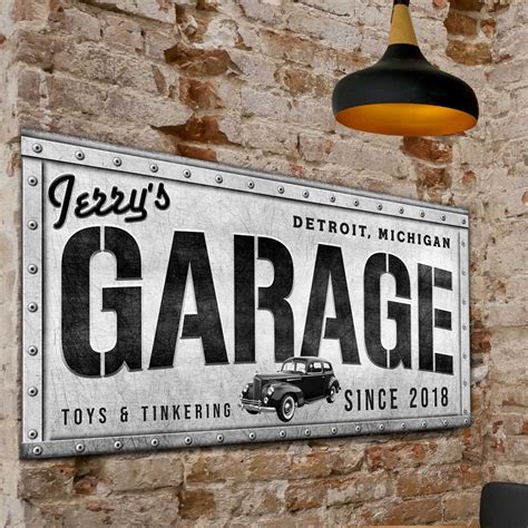 garage sign made of metal with rivets and the words, Jerry garage, city and state, toys and ...