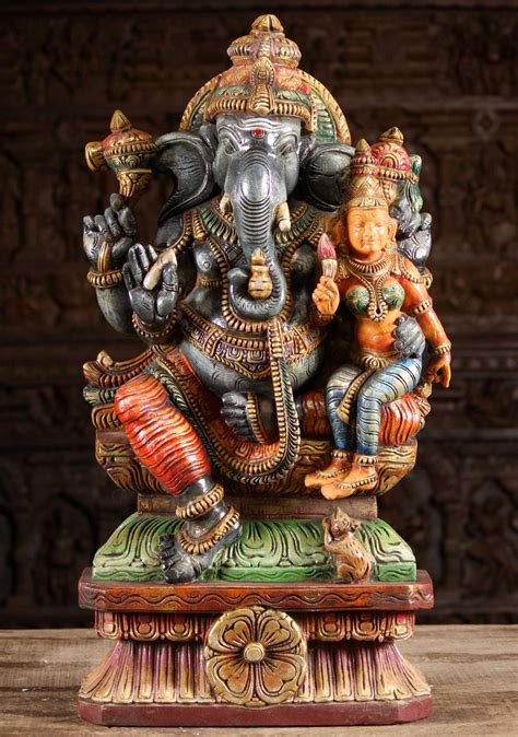 SOLD Wooden Ganesha Holding Lakshmi Statue 30" (#99w11aa): Lotus Sculpture