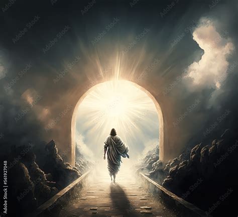 Jesus Christ is walking on the way back from heaven with light glow ...