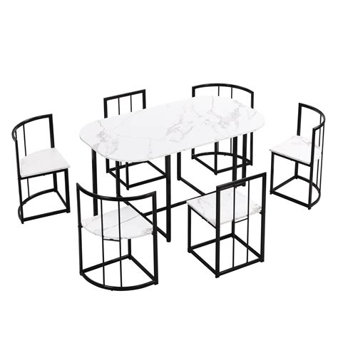 7-Piece Dining Table Set with 6 Chairs, Modern Faux Marble Compact 55Inch Kitchen Table Set for ...