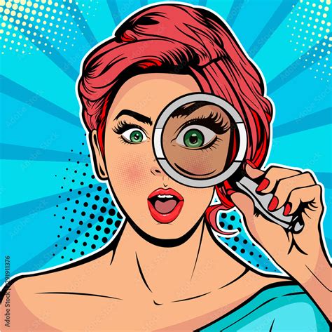 The woman is a detective looking through magnifying glass search. Vector illustration in pop art ...