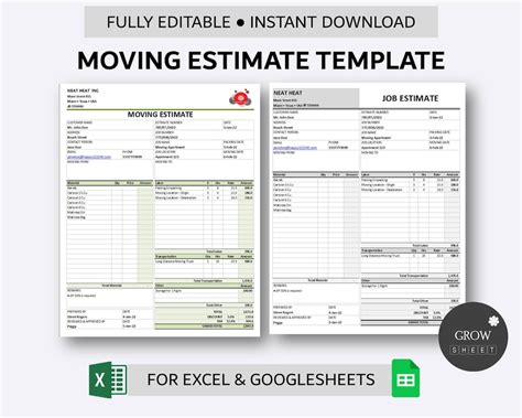 Printable Moving Estimate Template for Excel and Google Sheets Home ...