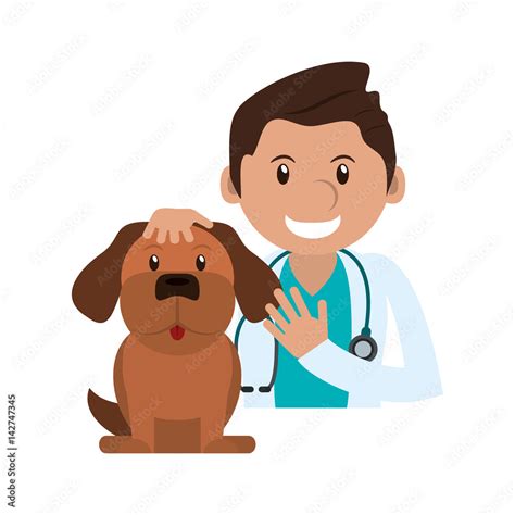 veterinarian doctor man with dog cartoon icon over white background. colorful design. vector ...