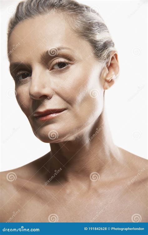 Portrait of Middle-Aged Woman Head Tilted To Side Stock Photo - Image ...