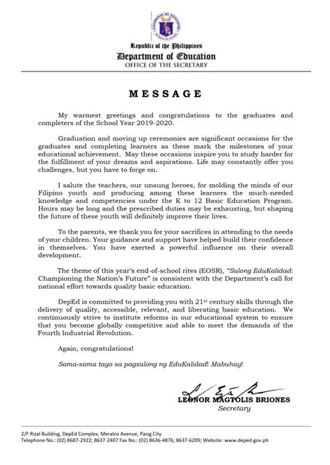 DepEd Secretary’s Message on the Graduation/Moving-up Ceremonies for School Year 2019-2020 ...