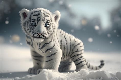 Premium Photo | Cute white baby tiger playing in winter snow generative ai