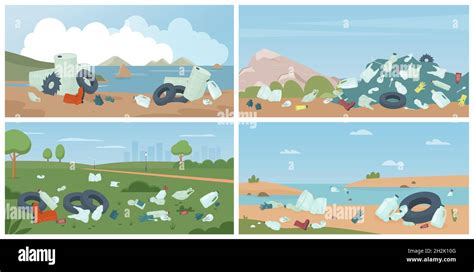 Beach with garbage trash, dirty nature environment set vector illustration. Cartoon polluted ...