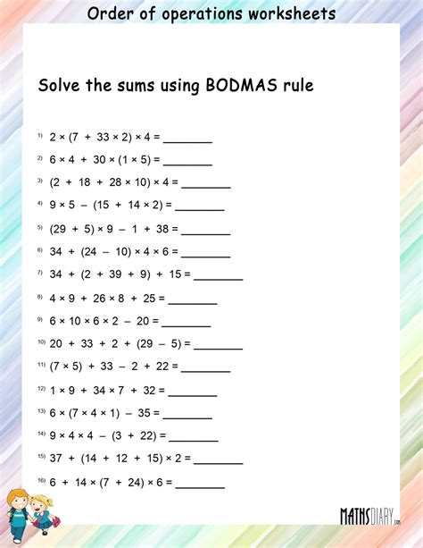 5th Grade Math Worksheets Order Of Operations