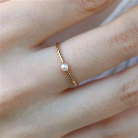 Tiny Pearl Ring 18kc Gold Stacking Ring Dainty Wedding Simple Fashion Women Rings-in Engagement ...