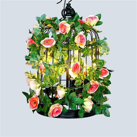 Single-Bulb Pendant Light Antique Cage Iron Hanging Light Fixture with Decorative Plant ...