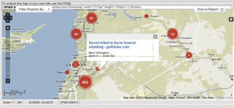 An example of a crisis map, the 'Syria Tracker' map. Each report ...