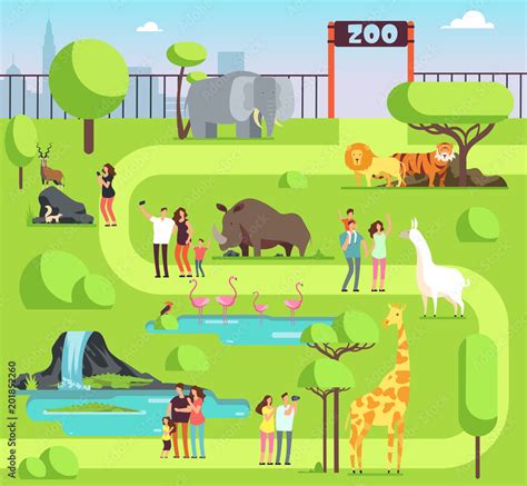 Cartoon zoo with visitors and safari animals. Happy families with kids ...