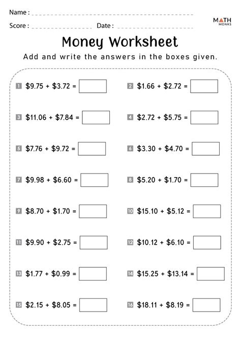 5th Grade Money Worksheets - Math Monks