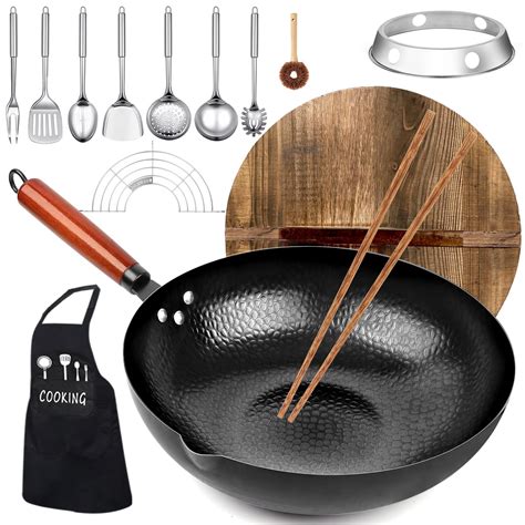 Carbon Steel Wok Pan, KAQINU 14 Piece Woks & Stir-Fry Pans Set with ...