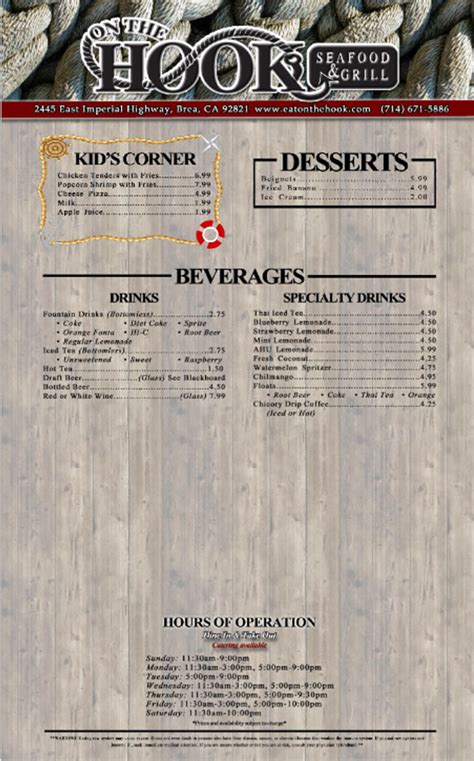 On The Hook Menu | OC Restaurant Guides