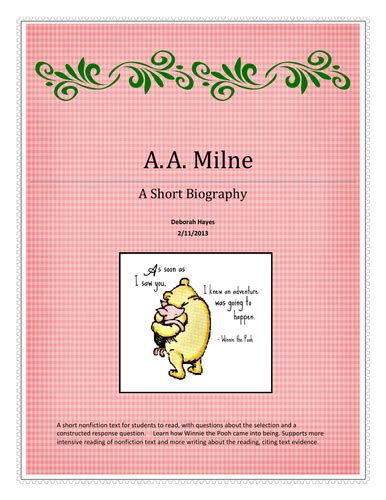 A. A. Milne Biography Activity and Constructed Response - UK Version | Teaching Resources