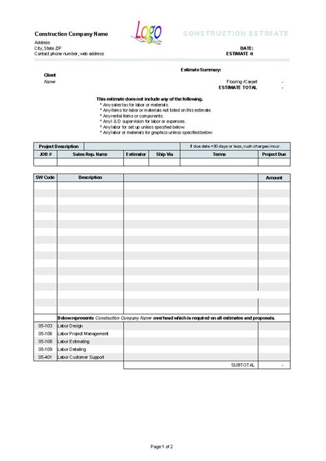 Construction Estimate Template - Invoice Manager for Excel