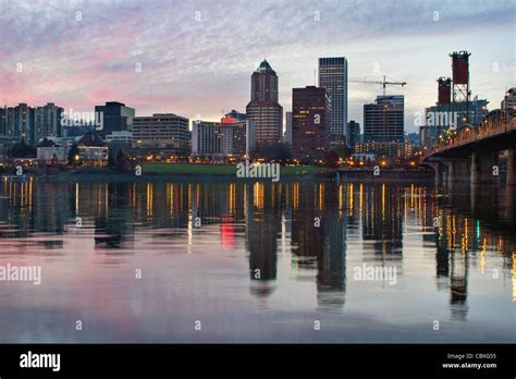 Portland Oregon Downtown Waterfront Skyline and Historic Hawthorne Bridge at Sunset Stock Photo ...