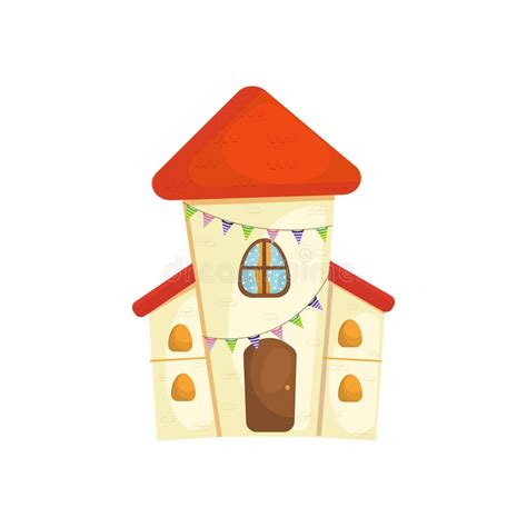 Cartoon House with Red Roof Decorated with Colorful Pennants. Stock Illustration - Illustration ...