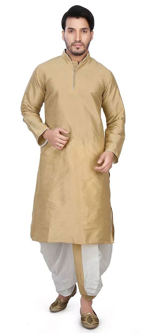 Gold color Art Dupion Silk fabric Dhoti Kurta : 1529398