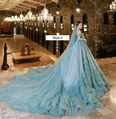 Puffy tiered skirt teal/turquoise ball gown wedding dress with train ...