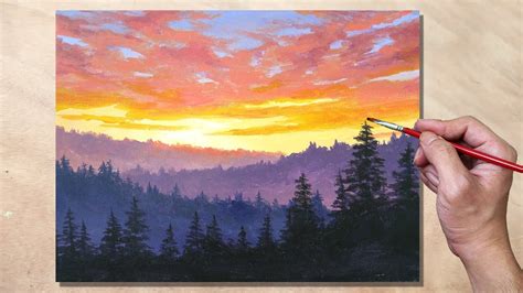 Acrylic Painting Sunset Forest Mountain Landscape - YouTube