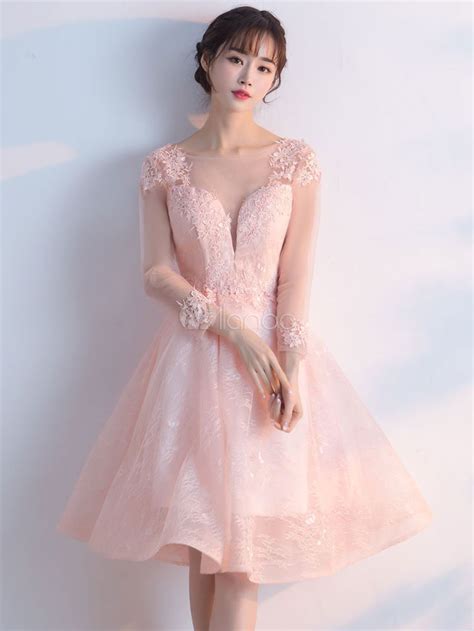 Soft Pink Prom Dresses 2021 Short Homecoming Dress Lace Illusion Long Sleeve Knee Length Party ...