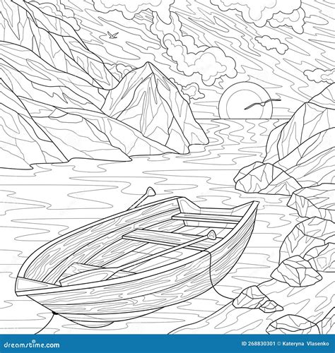 Boat Near the Sea and Mountains. Sunset.Coloring Book Antistress for Children and Adults Stock ...