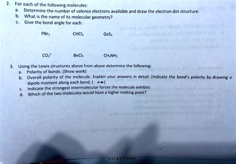 SOLVED: For each of the following molecules: Determine the number of valence electrons available ...