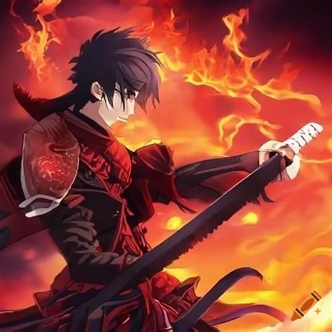 Japanese anime swordsman wielding fire on Craiyon