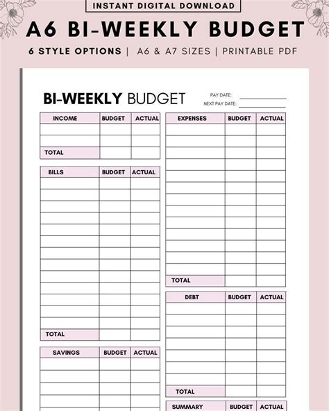 A6 PDF BI-WEEKLY Budget Overview Template Printable Paycheck - Etsy