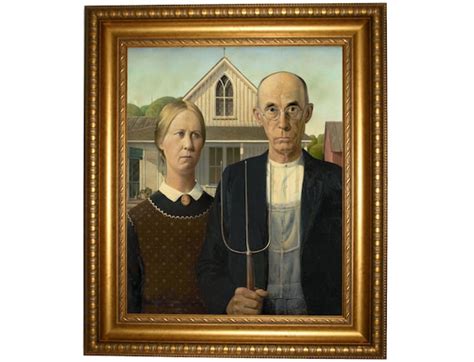 American Gothic Farmer and Wife holding Pitchfork by Grant