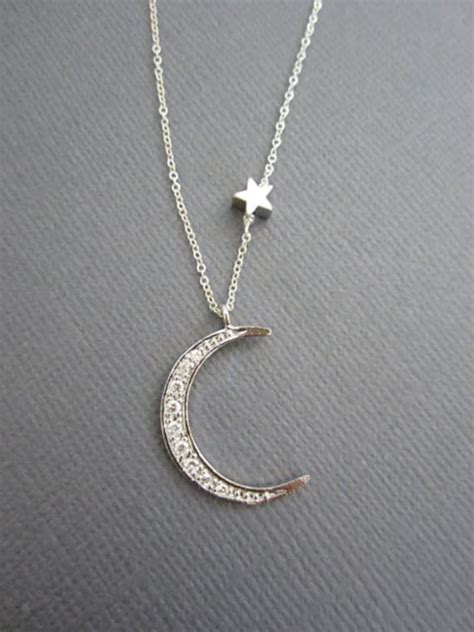 Silver Rhodium plated Crescent Moon and Star necklace by Muse411