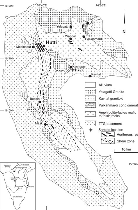 Generalized geologic map of the Hutti greenstone belt. Inset shows the... | Download Scientific ...