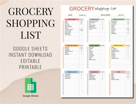 Grocery List Editable Google Sheets Template Printable Shopping List ...