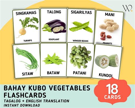 Bahay Kubo Vegetables 18 Cards Flashcards Tagalog Flashcards With English Translation, Printable ...