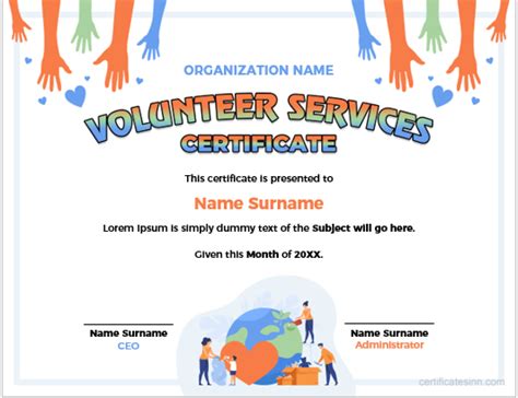 Volunteer Service Certificate Word Templates | Edit Print