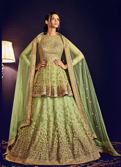 GRANDEUR PISTA GREEN EMBROIDERED LEHENGA CHOLI