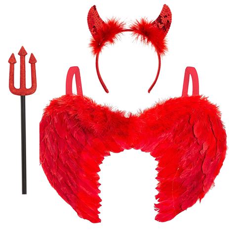 Buy 3pc Devil Costume Women - Red Angel Wings Red Devil Horns and Fork Devil Set - Womens Devil ...